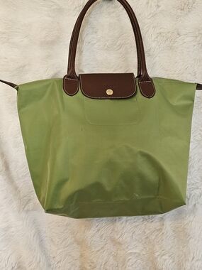 Longchamp Lime Green Tote with Brown Trim